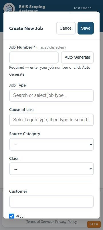 Home RAiS mobile Create Job form