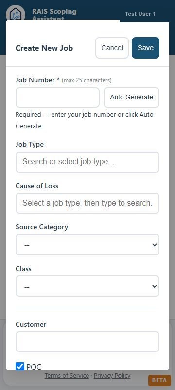 RAiS Scoping Assistant RAiS mobile Create Job form