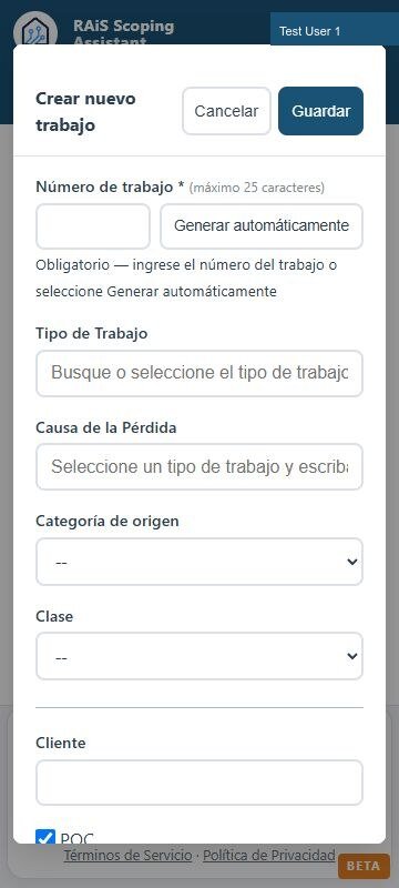 Formulario móvil de RAiS para crear un trabajo ficticio