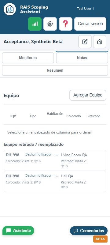Vista móvil en español del seguimiento de equipos de un trabajo ficticio