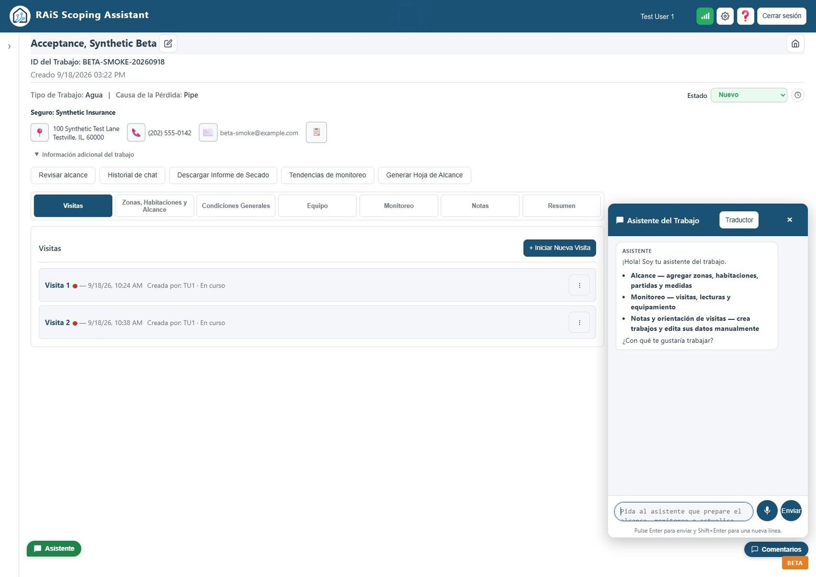 Asistente de Alcance RAiS — Español Asistente del Trabajo de RAiS abierto en un trabajo ficticio, con los controles Comentarios y Beta visibles