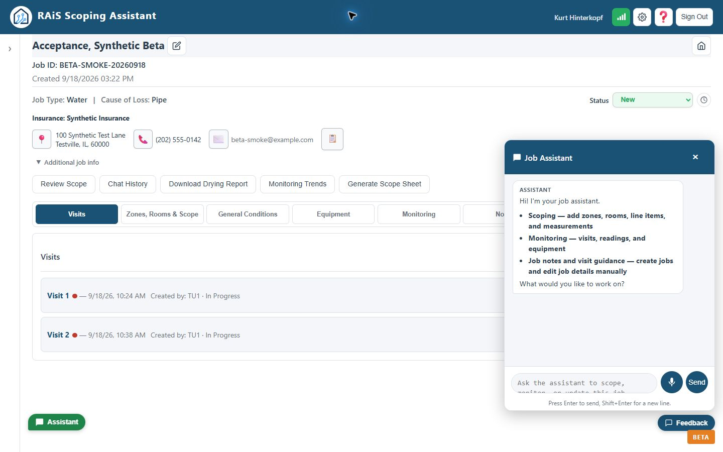 RAiS Scoping Assistant RAiS Job Assistant open on a fictional restoration job, with Feedback and Beta controls visible